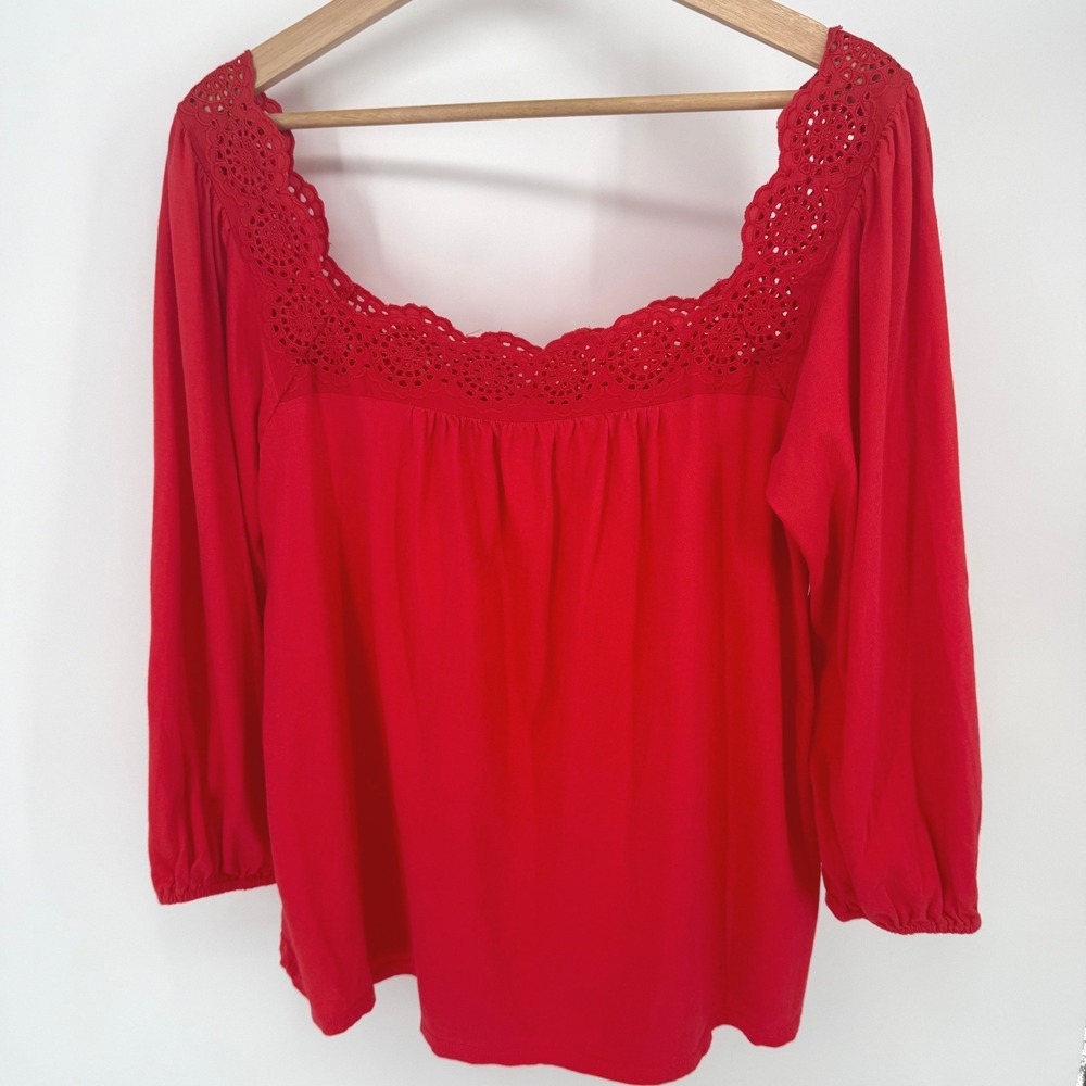 Loft Outlet Peasant Blouse Womens Medium Red Eyelet‎ Lace Trim Long Sleeve Top